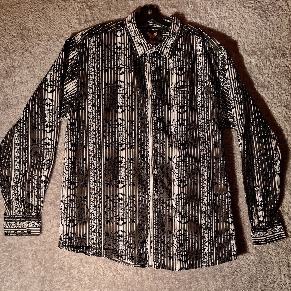 Avirex Mens XL Long Sleeve Button Down Shirt Black White Flocked, Patterned